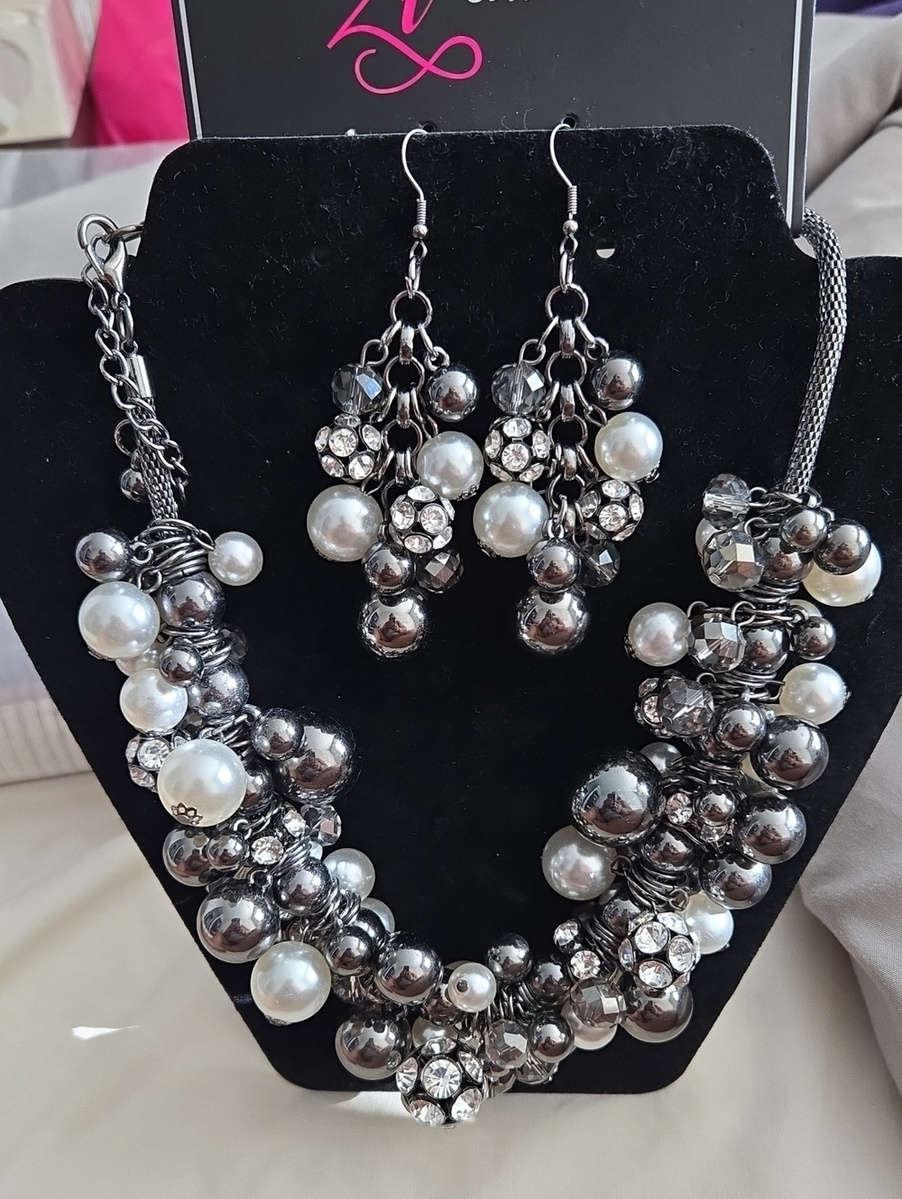 Pearl & Crystal Cluster Statement Necklace in Silver